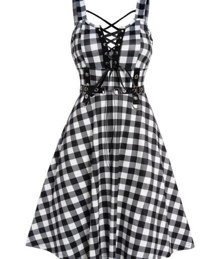 Dresslily Women Plaid Print Dress Crisscross Lace Up Grommet High Waisted Sleeveless A Line Mini Dress Clothing L Black