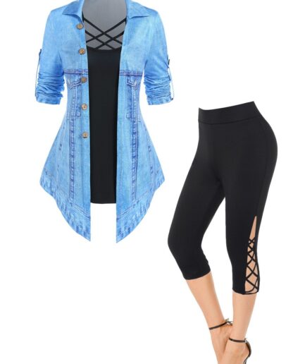 Dresslily Faux Denim 3D Print Pointed Hem Crisscross Mock Button Faux Twinset T Shirt And Lattice Cropped Leggings Outfit S Multicolor