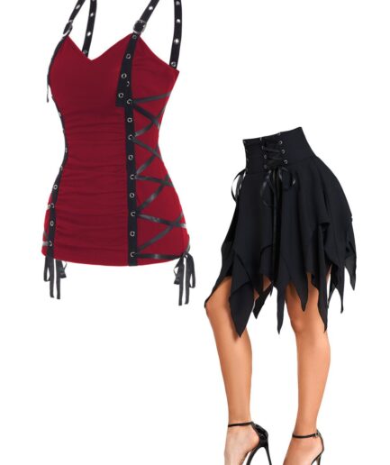 Dresslily Plain Color Ruched Grommet Tank Top And Lace Up Layered Asymmetric Handkerchief Skirt Casual Outfit S Multicolor