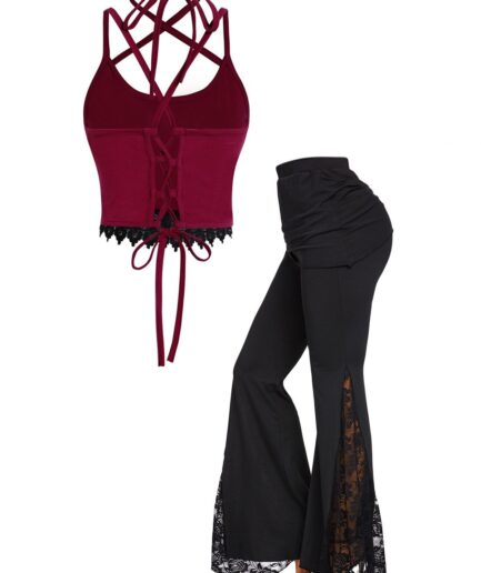Dresslily Contrast Crossover Halter Lace Up Cropped Top And Flower Lace Panel Skirted Flare Pants Casual Outfit S Multicolor
