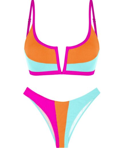 ZAFUL Ribbed Colorblock V Wired High Leg Bikini Swimwear L Light blue