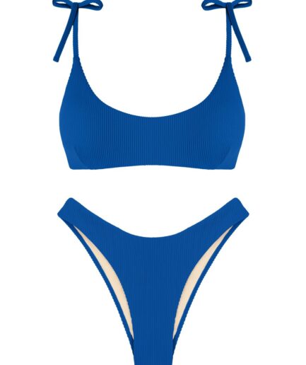 ZAFUL Tie Shoulders Ribbed Bikini M Deep blue