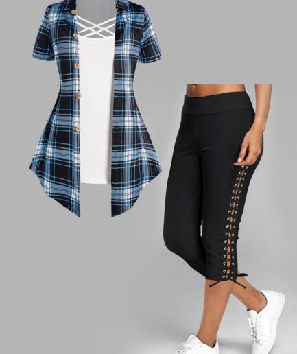 Dresslily Plaid Print Asymmetric Crisscross Mock Button Short Sleeve T Shirt And Lace Up Cropped Leggings Outfit S Multicolor