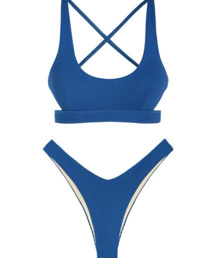 ZAFUL Criss Cross Bikini Top and High Cut Bikini Bottom Set L Deep blue