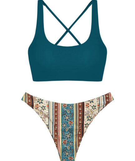 Cross Back U Neck Printed Ethnic Boho Bikini Swimwear Deep green