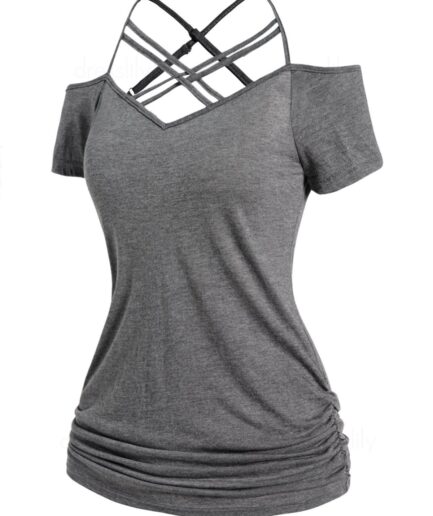 Women Cold Shoulder Ruched T-shirt Crisscross Adjustable Strap Short Sleeve Tee Clothing M Dark gray
