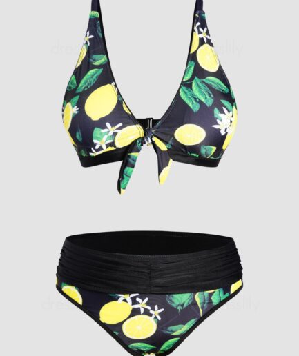 Dresslily Women Lemon Floral Leaf Print Vacation Bikini Swimsuit Padded Plunge Bikini Two Piece Swimwear Ruched Bathing Suit Swimsuit L Multicolor a