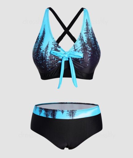 Dresslily Women Tree Print Crossover Bikini Swimsuit Bowknot Padded Bikini Two Piece Swimwear Beach Bathing Suit Swimsuit L Multicolor a