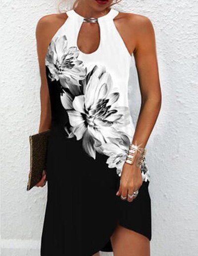 Dresslily Women Flower Ink Painting Print Mini Dress Cut Out Sleeveless Casual Dress Clothing L Black