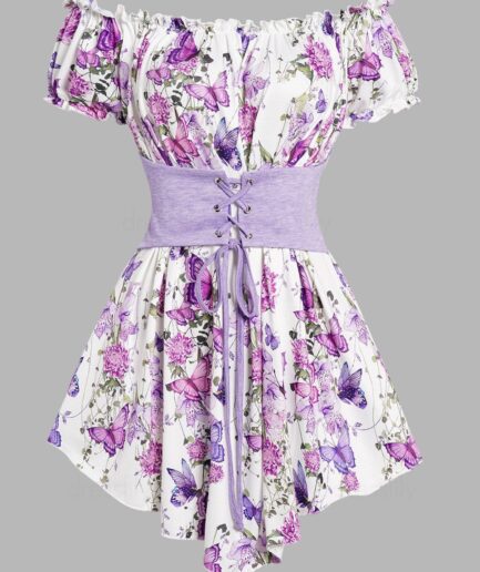 Women Butterfly Flower Print T Shirt Ruffle Off The Shoulder Lace Up Colorblock Asymmetrical Hem Long Tee Clothing S Light purple