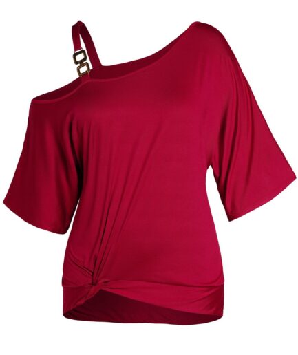 Dresslily Fashion Women Plus Size & Curve T-shirt Solid Color Skew Collar Twist Front Buckle Strap Tee Clothing L Red