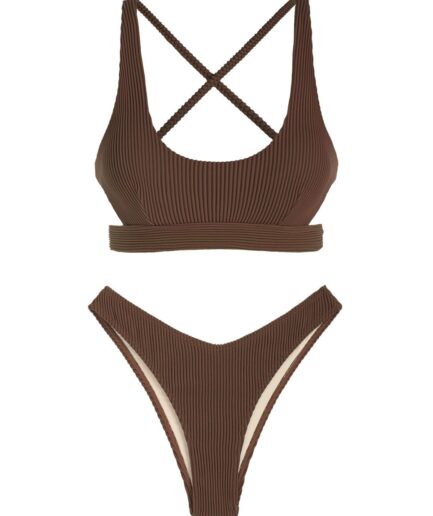 ZAFUL Criss Cross Bikini Top and High Cut Bikini Bottom Set M Deep coffee