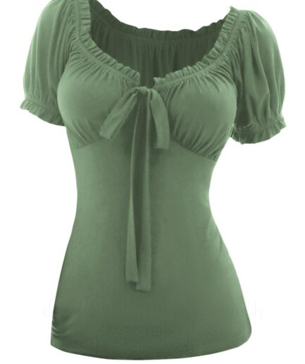Women Short Sleeve Solid Color T-shirt Ruffles Bowknot Ruched Empire Waist Tee Clothing L Light green