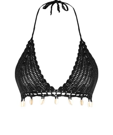 Shell Tassel Crochet Halter Bikini Top M Black