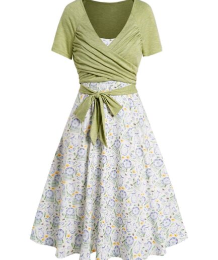 Women Plaid Leaf Printed A Line Vacation Sundress and Bowknot Surplice T Shirt Two Piece Summer Set L Light green