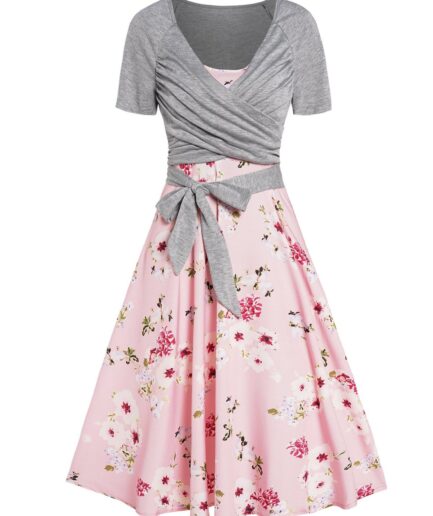 Women Butterfly Floral Print A Line Vacation Sundress and Bowknot Surplice T Shirt Two Piece Summer Set L Red