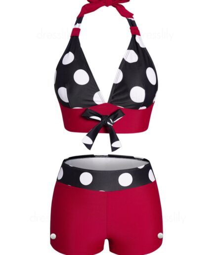 Dresslily Women Polka Dots Print Bikini Swimsuit Halter Padded Bowknot Bikini Two Piece Swimwear Boyleg Bathing Suit Swimsuit M Black