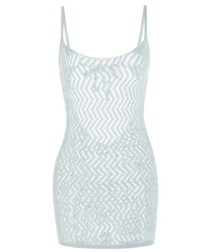 Crochet Openwork Backless Mini Beach Dress M Dark gray
