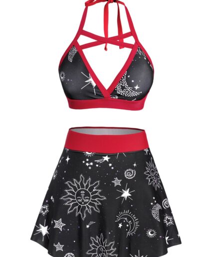 Dresslily Women Vacation Bikini Swimsuit Sun Moon Star Print Crisscross Halter Swimwear Padded Skorts Bathing Suit Swimsuit M Black