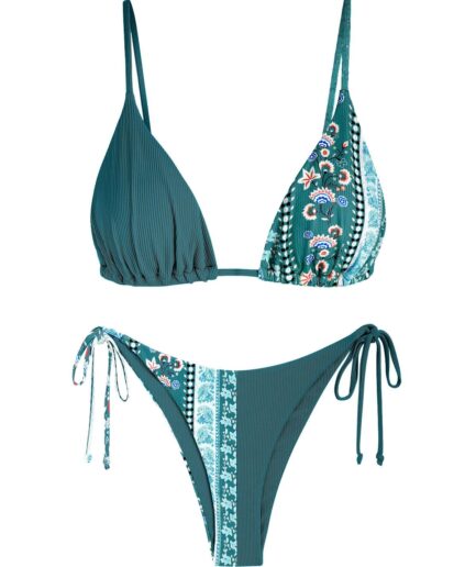 ZAFUL Ribbed Boho Printed String Bikini Swimwear L Deep green
