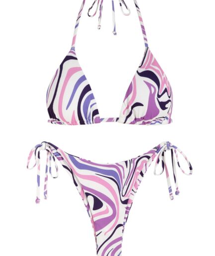 ZAFUL Ribbed Tie Side Swirl Print String Bikini Swimwear L Light purple