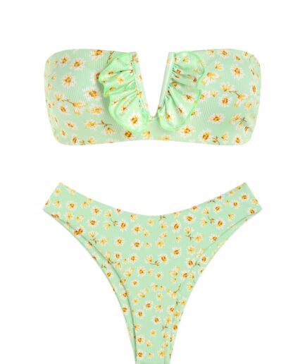 ZAFUL Ditsy Floral Ribbed V-wire Bandeau Bikini Swimwear M Light green