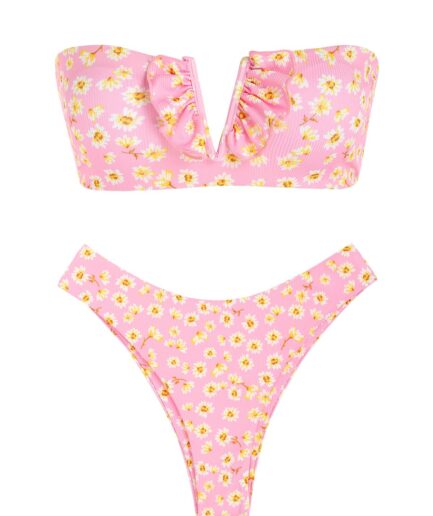 ZAFUL Ditsy Floral Ribbed V-wire Bandeau Bikini Swimwear M Light pink