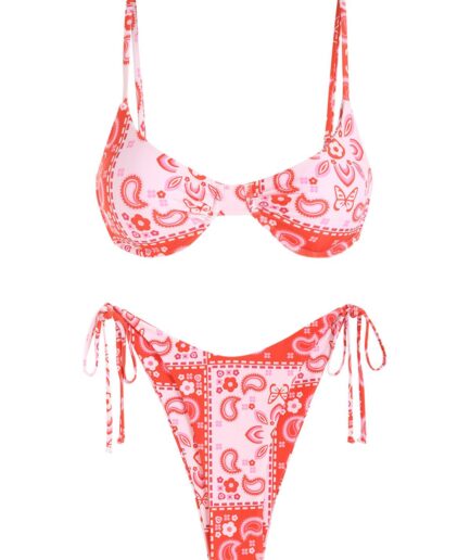 ZAFUL Paisley Boho Underwire Tie Side String Bikini Swimwear M Red