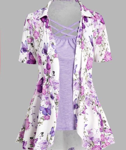 Women Contrast Colorblock Faux Twinset T Shirt Butterfly Flower Print Lattice Strap Turn Down Collar Twofer Tee Clothing L Light purple