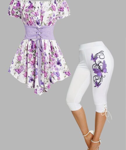 Dresslily Butterfly Flower Print Ruffle Off The Shoulder Asymmetrical Long T Shirt And Lace Up Cropped Leggings Casual Outfit S White