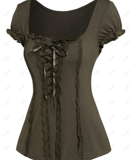 Women Lace Up T Shirt Lace Insert Ruffle Square Collar Plain Color Casual Tee Clothing S Deep green