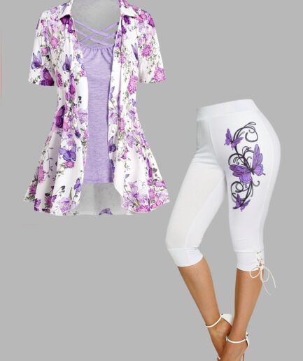 Dresslily Butterfly Flower Print Lattice Strap Faux Twinset T Shirt And Lace Up Cropped Leggings Casual Outfit S Multicolor