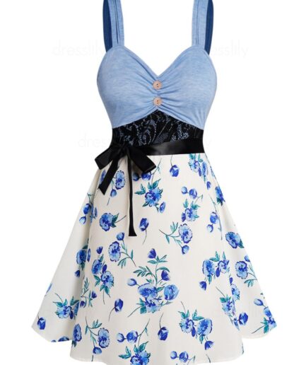 Dresslily WomenFRDresslily Femme Plus Size Dress Colorblock Flower Print Ruched Lace Panel Empire Waist Belted A Line Mini Dress Clothing Online L L