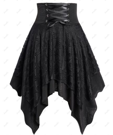 Women Lace Skirt Gothic Lace Up Zipper Fly Asymmetrical Hem Midi Skirt Clothing L Black