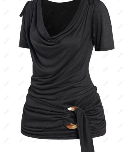 Dresslily Fashion Women Plus Size T Shirt Plain Color O Ring Cowl Neck Draped Short Sleeve Casual Tee Clothing L Black
