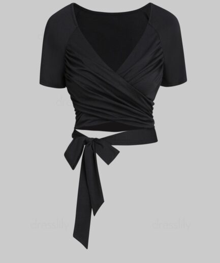 Women Plain Color T Shirt Crossover Tied V Neck Cropped Top Clothing L Black