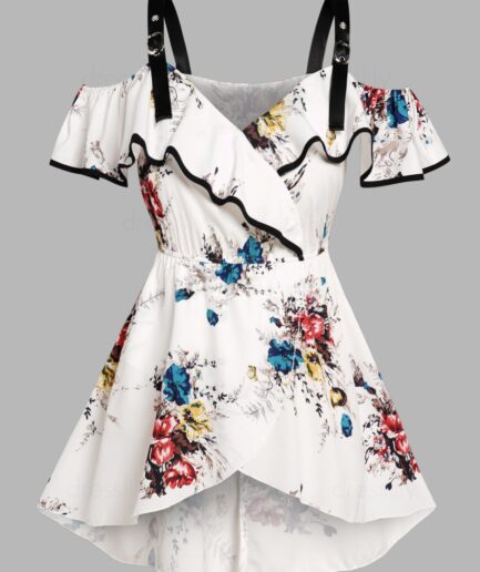 Dresslily Fashion Women Plus Size T Shirt Colored Flower Surplice Ruffle Adjustable Strap Cold Shoulder Asymmetrical Hem Tee Clothing L White