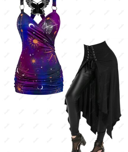 Dresslily Celestial Sun Moon Star Print Surplice Ruched Butterfly Lace Insert Tank Top And  Open Front Lace Up Irregular Hem Skirt Outfit S Multicolor