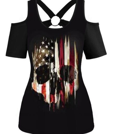 Women American Flag Skull Print Cold Shoulder T-shirt O Ring Cut Out Short Sleeve Tee Clothing S Black