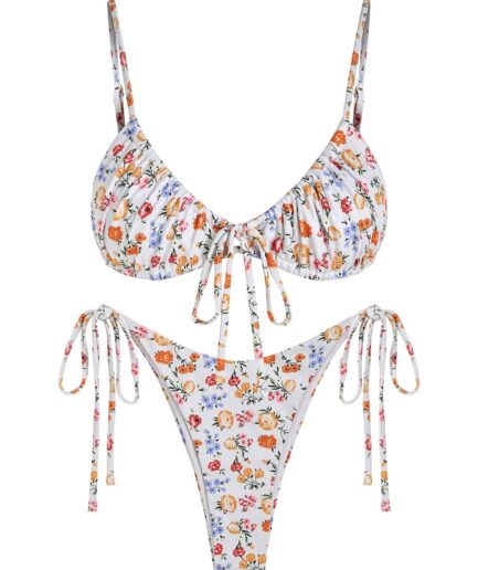 ZAFUL Tie Side Ribbed Floral Bikini Swimwear L White