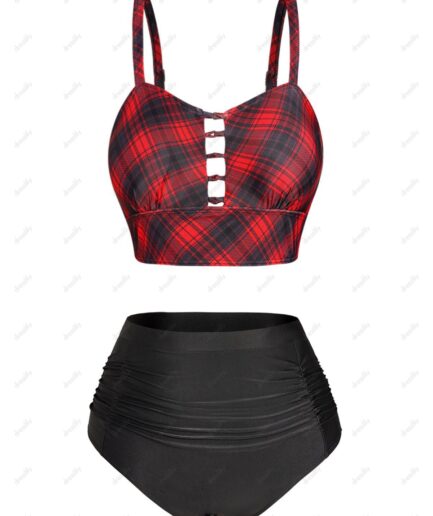 Dresslily Women Tummy Control Tankini Swimwear Plaid Print Cut Out Swimsuit Ruched Padded Vacation Bathing Suit Swimsuit L Black