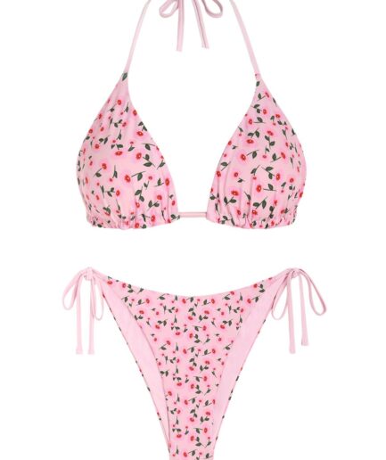 ZAFUL Ditsy Print Tie Reversible String Bikini Set M Light pink