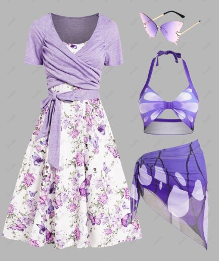 Dresslily Butterfly Floral Print A Line Dress Tied Surplice T Shirt Three Piece Halter Bikini Swimsuit And Ombre Sunglasses Outfit S Light purple