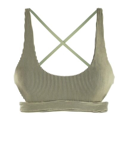 Ribbed Bicolor Cut Out Criss Cross Bikini Top L Green