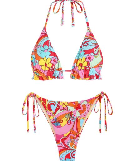 ZAFUL Halter Floral Frilled String Tanga Bikini Swimwear M Red