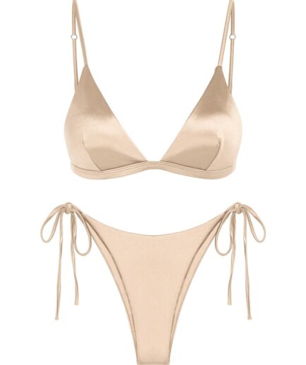 Shiny Silky Tie Side Tanga Swimwear Bikini Set M Light coffee