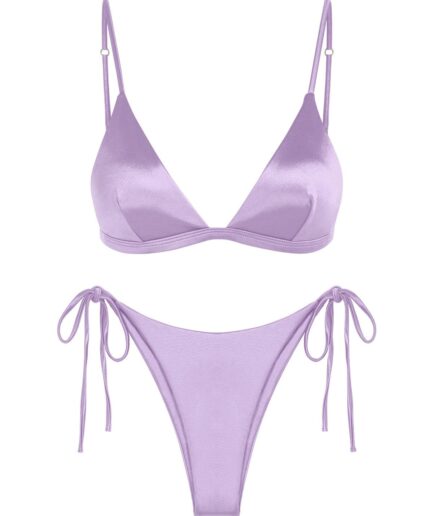 Shiny Silky Tie Side Tanga Bikini Swimwear L Purple