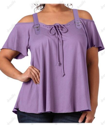 Dresslily Fashion Women Plus Size Cold Shoulder Tee Lace Up Buckle Straps Short Sleeve Curve T-shirt Clothing L Light purple