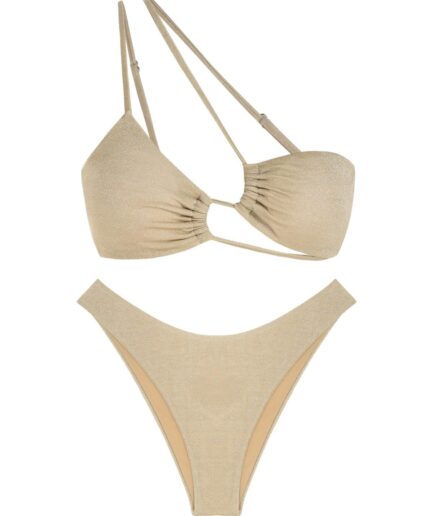ZAFUL Strappy Shiny Glitter Asymmetric Ruched Cheeky Bikini Set L Light coffee
