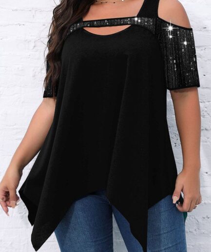 Dresslily Fashion Women Plus Size Cold Shoulder T Shirt Sequined Cut Out Plain Color Handkerchief Hem Tee Clothing L Black